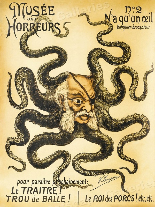 Unusual 1890s Vintage Freak Poster – Musee des Horreurs Octopus Man – 18×24