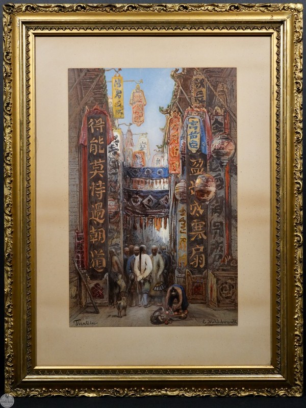 Antique 19th C. Chromolithograph «Strasse in Tientsin» After Eduard Hildebrandt