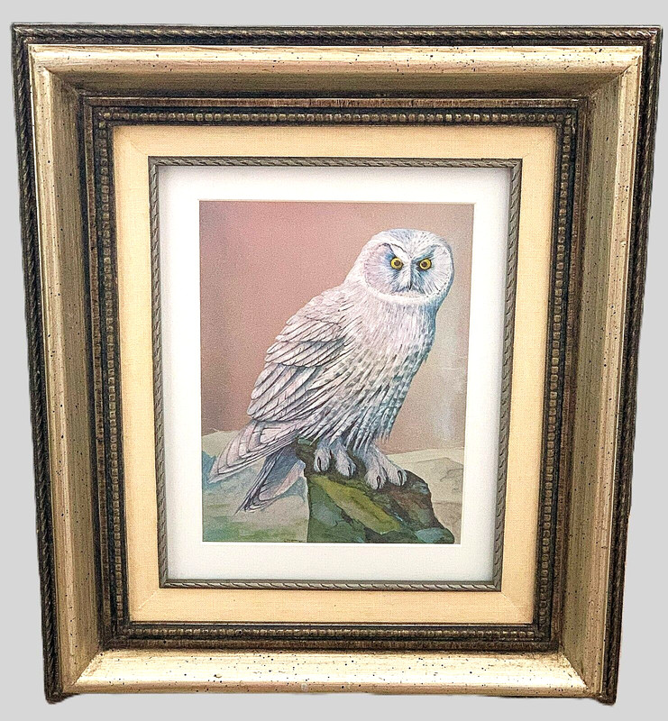 ’77 White OWL Framed MCM Wall Art Metallic Foil Highlights w Signature 15×13 Vtg