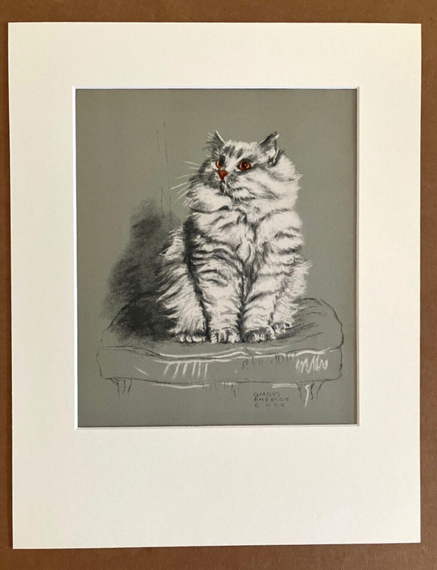 Vintage Gladys Emerson Cook Long-Haired White Persian Cat Print in 11×14 Mat