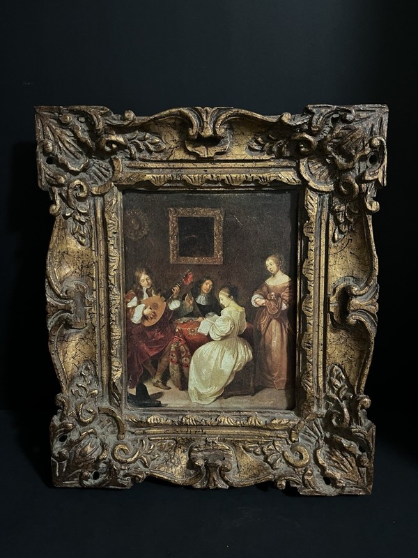 Vintage Caspar Netscher “A Musical Party” Baroque Framed print on board