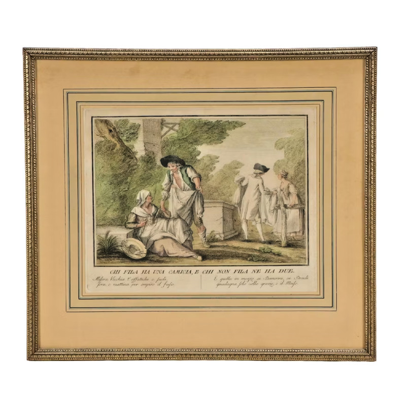 Hand-Colored Engraving Etching after Giuseppe Piattoli, "Quattro Proverbi," 1788