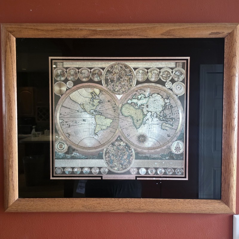 Vintage Style Peter Schenk World Map Planisphaerium Framed 30×25 Wall Art