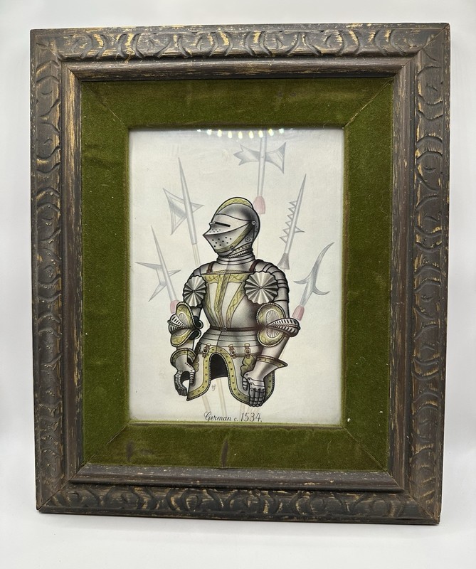 Framed Art Print Medieval Knight Weaponry Green Felt Mat Carved Wooden Frame gallery