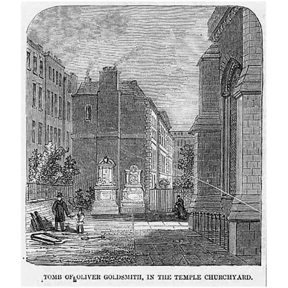 LONDON Tomb of Oliver Goldsmith in the Temple Churchyard – Antique Print 1857