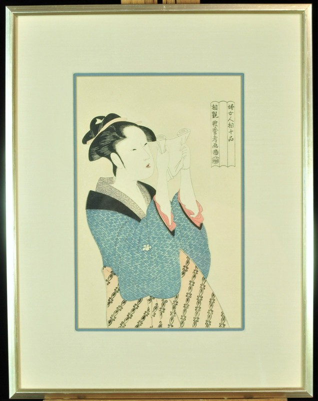 Vintage Ukiyo-E woodblock print on thin paper, Kitagawa Utamaro