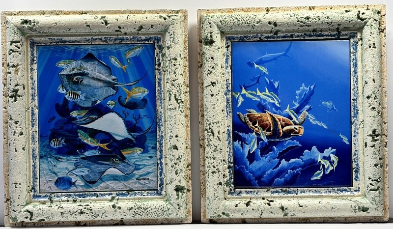 Carey Chen & Bob Jenny Framed Ceramic Art Tiles Sea Turtle Stingray Ocean 14×12