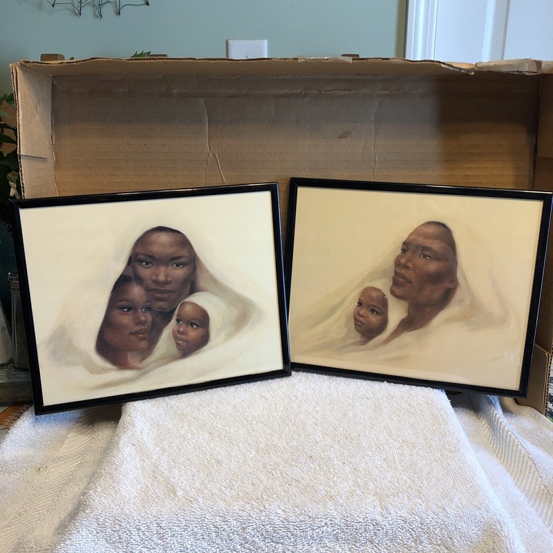 Pair African American parent and child framed art prints