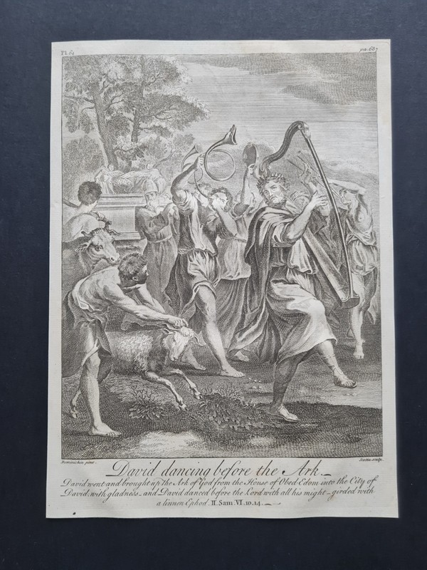 Antique c. 1750 bible print – 2 Samuel 6:10-14 David Dancing Before the Ark