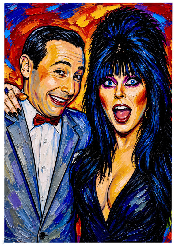 PEE-WEE HERMAN & ELVIRA * Novelty * CELEBRITY * Illustrated Art Card * ATC ACEO
