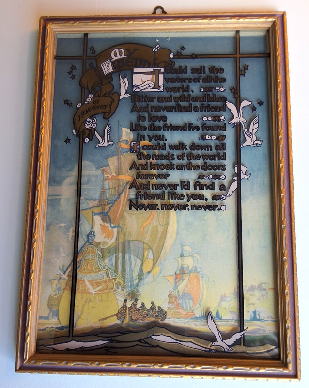 Art Deco 1920s Buzza Motto J.P. McEvoy «To My Friend» Reverse Painted Glass Ship