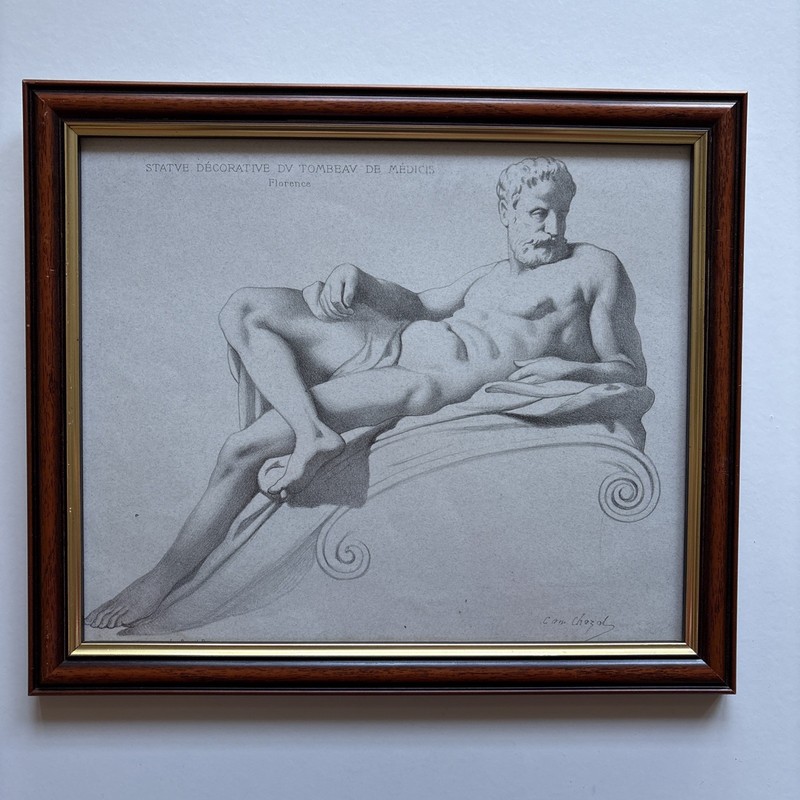 Antique Renaissance Engraving 1868 Classical Male Nude form Florence In Frame