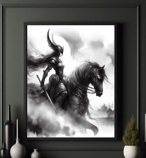 Valkyrie Warrior Viking Fantasy woman Horse Watercolor Painting print B&W art gallery