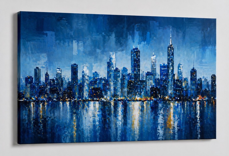 ICE ARMOR Large Canvas 24×36″ Blue Cityscape Night Reflection Urban