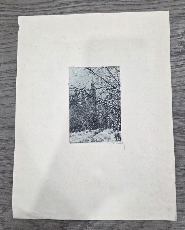 Vienna Austria City Hall Rathaus Winter Old Signed Etching - Unidentified Artist