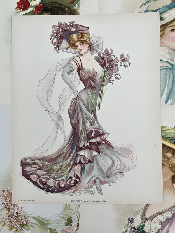 6 Antique Art Nouveau Lady Portrait Lithographs c.1905 Edwardian Fashion gallery