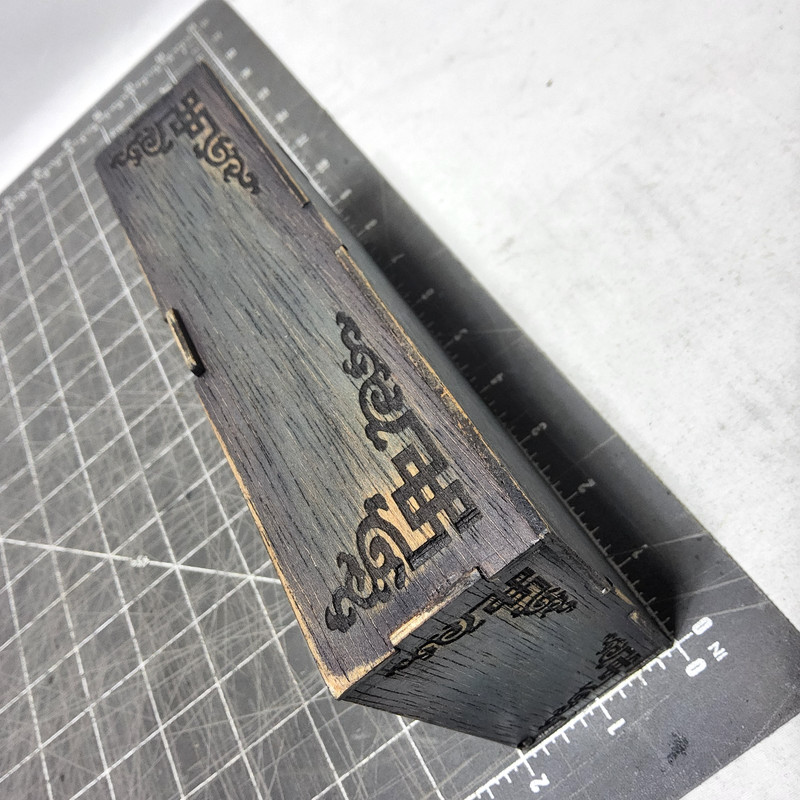 Custom laser etched border scroll flip top wood stash box teal purple 8x4x2 gallery