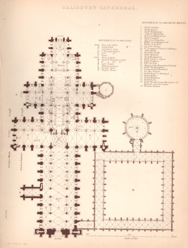 Antique Engraving 1895 Salisbury Cathedral Schematic Plan Color Plate