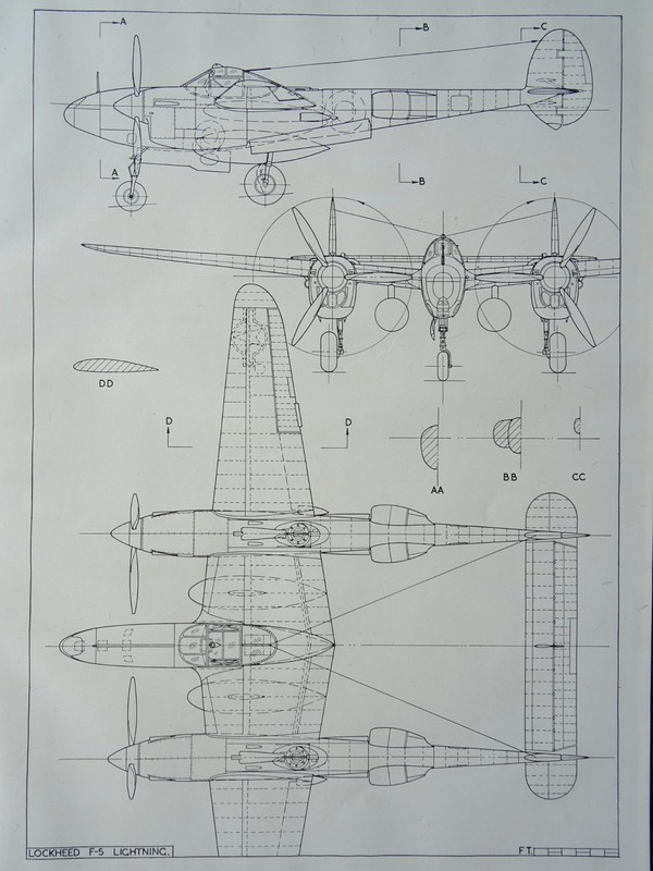 WW2 USA AMERICA Aircraft LOCKHEED P-38J & F-5 LIGHTNING Scale Design Plan c1944