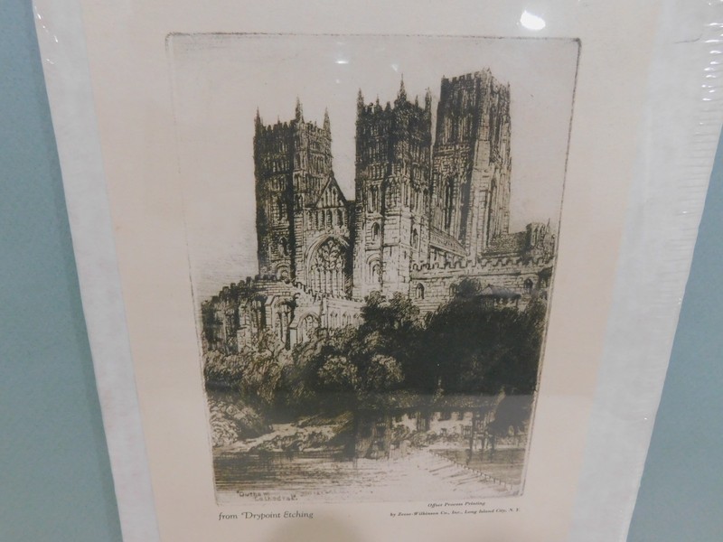 Vintage DURHAM CATHEDRAL offset print from Drypoint etching 7 7/8 x 9 3/4 gallery
