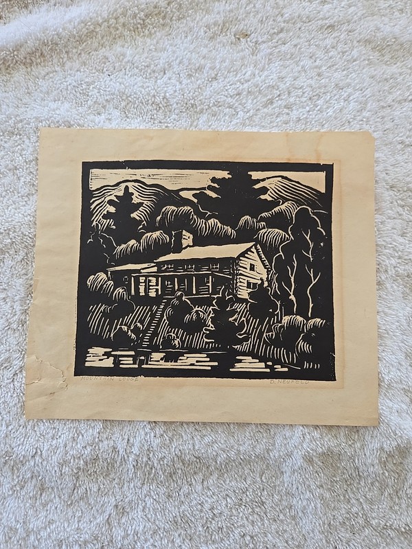 LOOKRARE Dietrich H Neufeld MOUNTAIN LODGE Linocut Expressionist Artist Russian