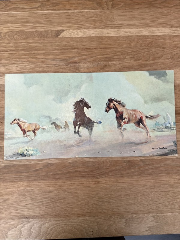 RARE! MCM Lithograph On Paper Board “The Mustangs” Rico Tomaso 24” X 12” Horses