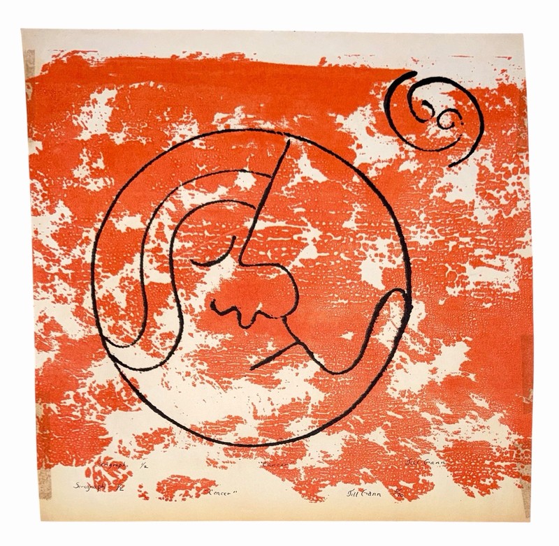 Mid Century Abstract Print Face Serigraph Red White Black Line Art Modern