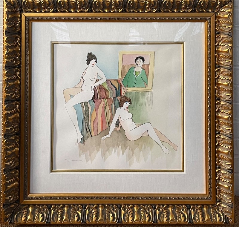 «Backstage» large watercolor over serigraph by Itzchak Tarkay – Framed