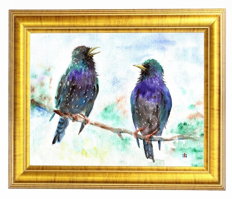 Watercolour Feisty Starlings Birds Painting Print from Original by ili