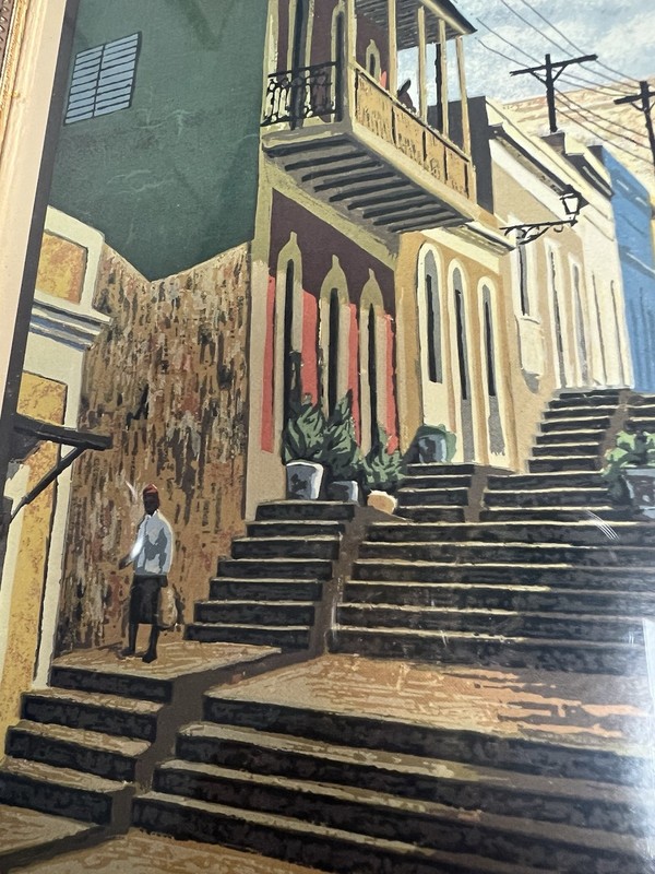 Vintage Framed Caribbean Colonial Street Scene Art Print Signed Capiga 12x10” gallery