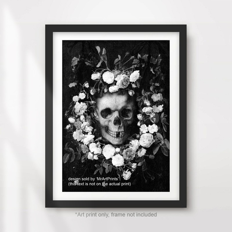 GOTHIC SKULL TATTOO ROSES ART PRINT POSTER Black and White Floral Skeleton