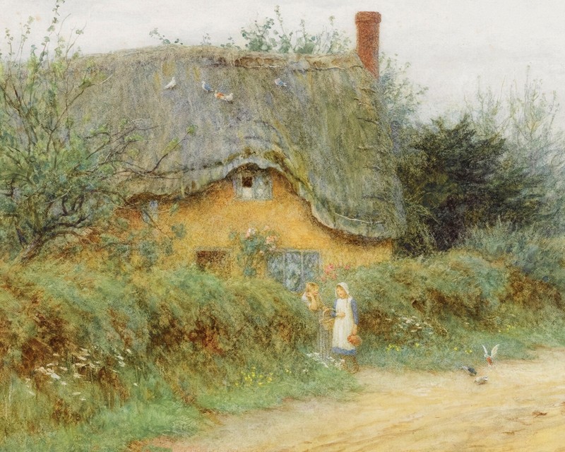 1800s Spring Cottage Painting Reproduction Giclee Print on Fine Art Paper