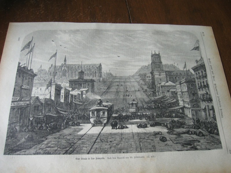 Wow!! 1874 Art Print ENGRAVING - STREET in San Francisco CALIFORNIA Cable Cars