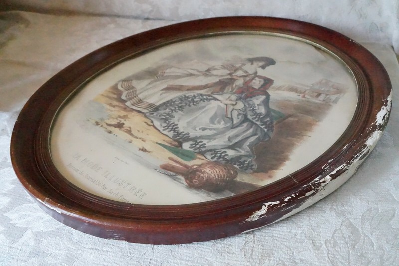 Large Oval Framed La Mode Illustree Hand Colored Fashion Print, Anais Toudouze gallery