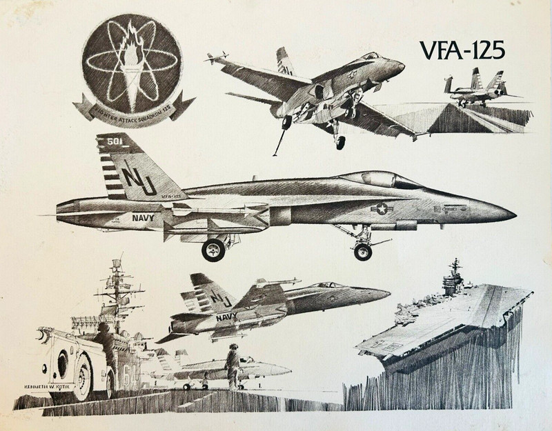 VFA-125 / F-18 Hornet Squadron Navy Aircraft Carrier Kenneth Kotik Print Art Vtg