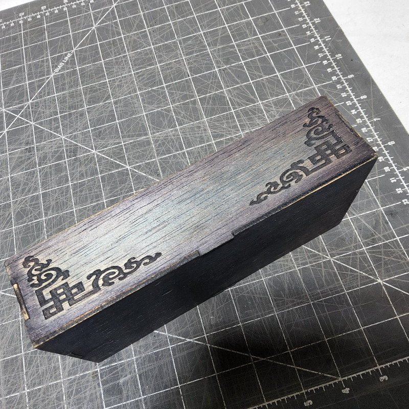 Custom laser etched border scroll flip top wood stash box teal purple 8x4x2 gallery