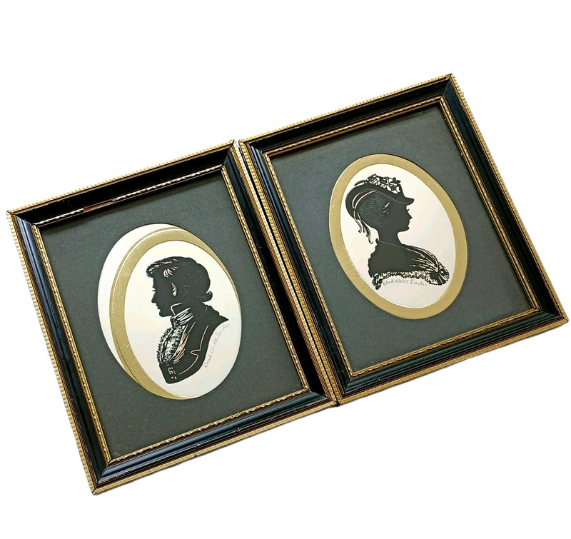 Enid Elliott Linder Silhouette Portrait Raised Glossy Hand Tinted & Signed Pair