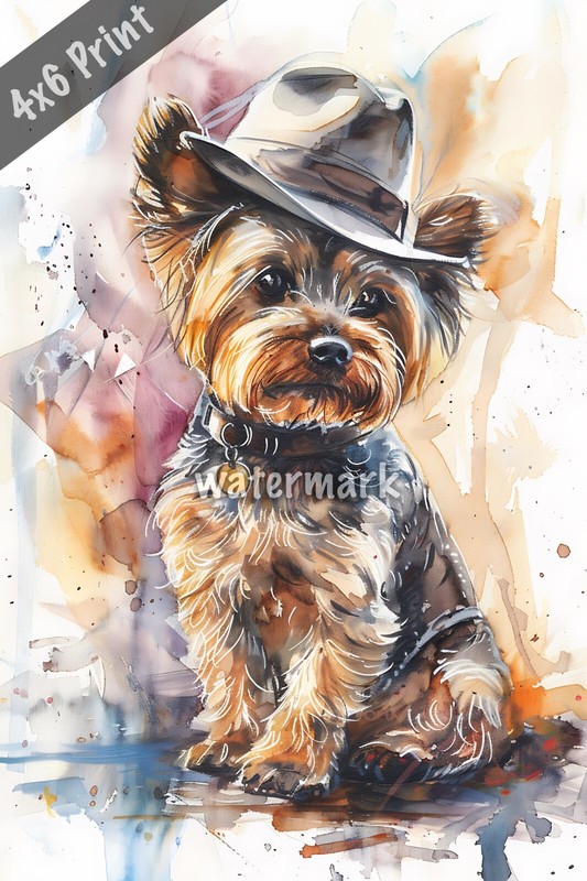 Dog Yorkshire Terrier in a detectives hat watercolor Art 4x6 Print