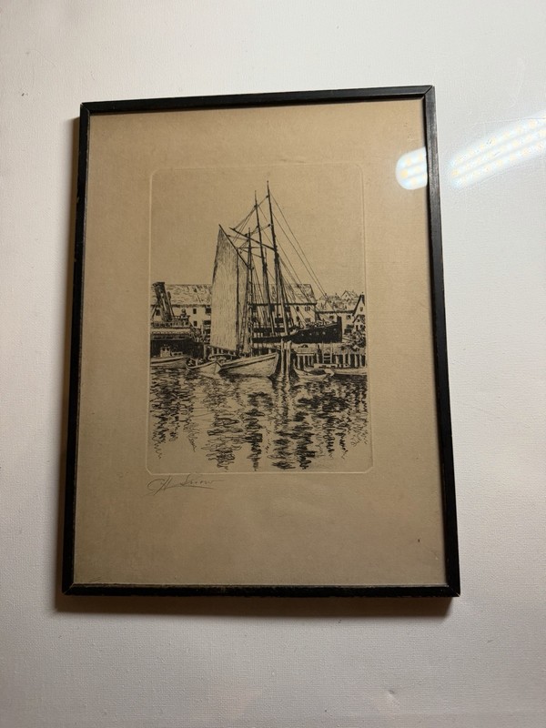 Vintage signed Etching Ships In Gloucester Mass! Early 20th Century Framed!