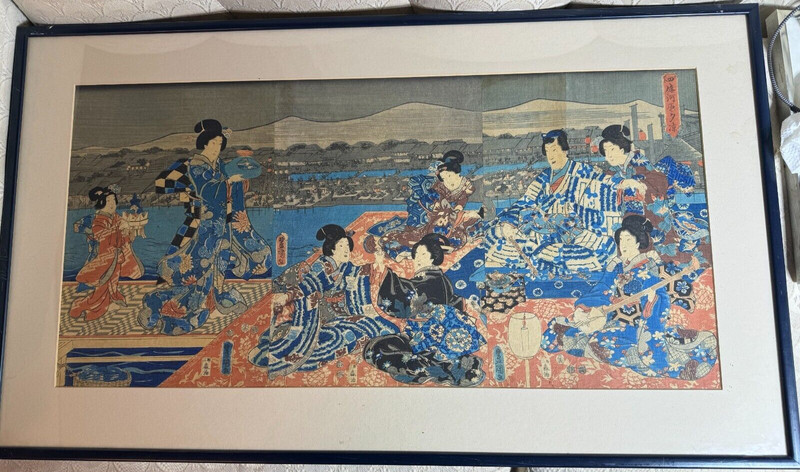Utagawa Kunisada (1786 – 1865) Triptych «Samurai In A Garden» Woodblock – Framed