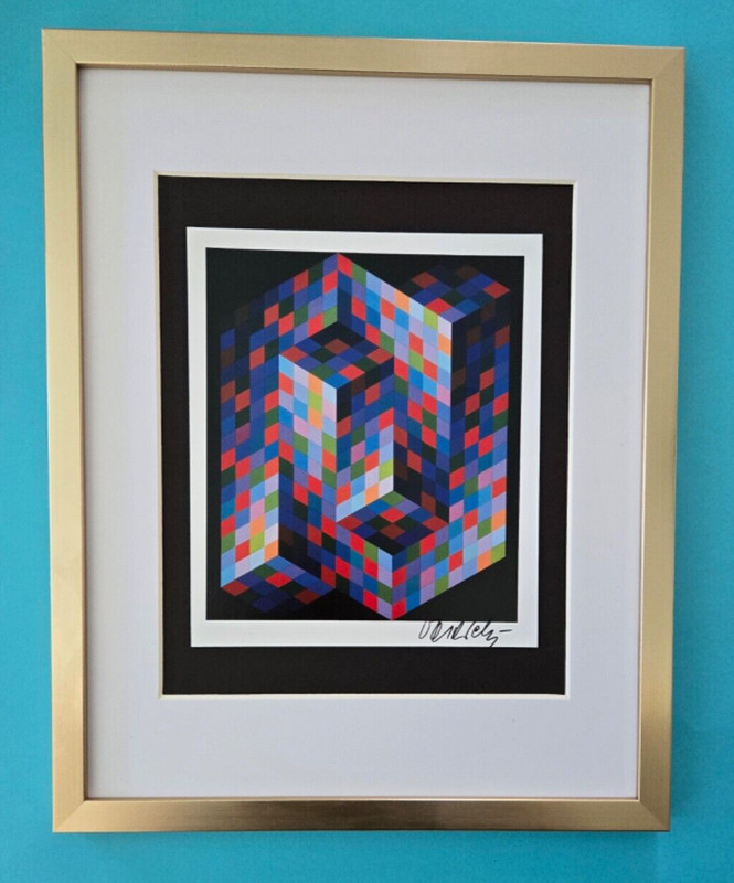 VICTOR VASARELY + SIGNED GEOMETRIC ABSTRACT PRINT 1970s NEW FRAME 14x11in.