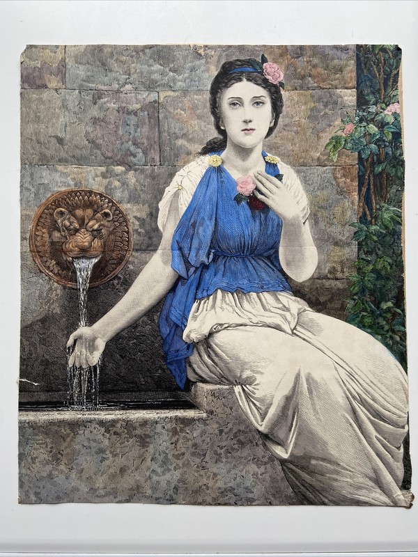 19th Century Antique Victorian Engraving Print Lady Sitting By The Water Lion