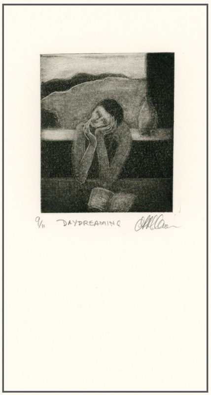 DAYDREAMING Thinking Thoughtful Woman; Original Modernist MEZZOTINT Signed