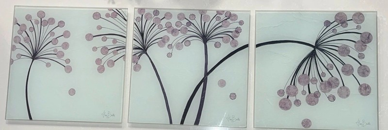 Alan Buckle Silver Bubble Floral Textured Paper Art, 3 Signed 12×12 Glass Art