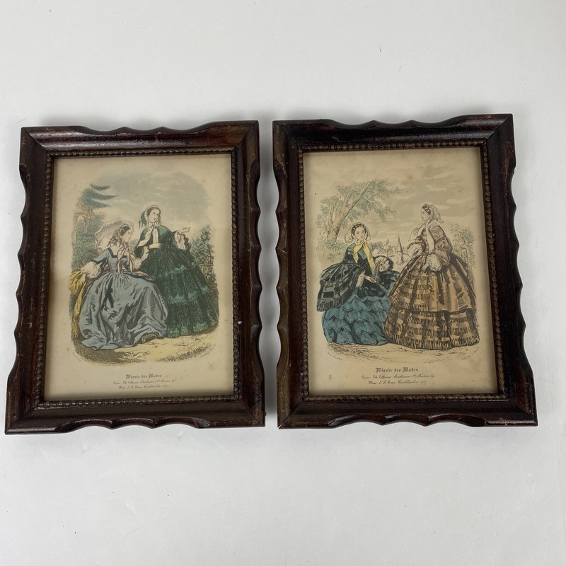 2 Framed Victorian Print Miroir Des Modes by Anais Toudouze 7.5 by 9.5 inch VTG