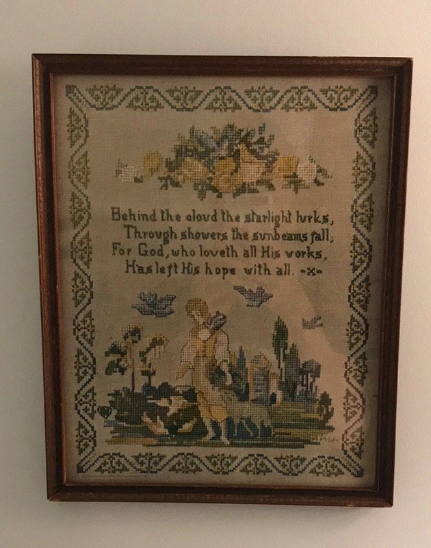 Antique Print Of Cross Stitch Sampler God Hope Boy Lamb Green Blue Yellow