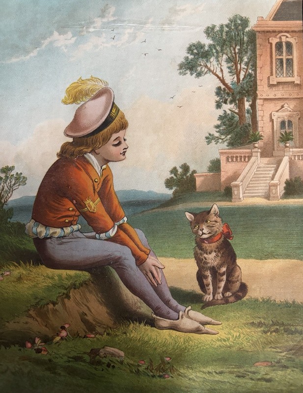 Antique Victorian Chromolithograph Child & Cat Linen Backed Print c1890s
