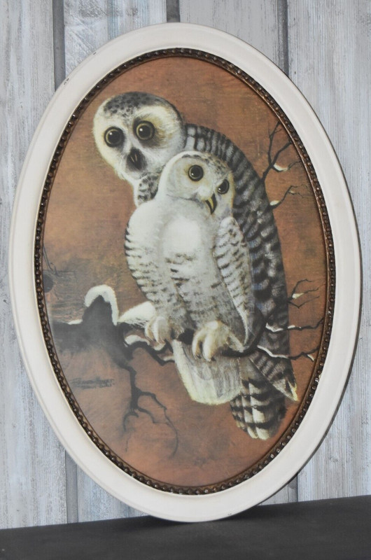 Antique Vintage Oval Wood Frame Richard Hinger Snowy Owls Picture Print Wall Art