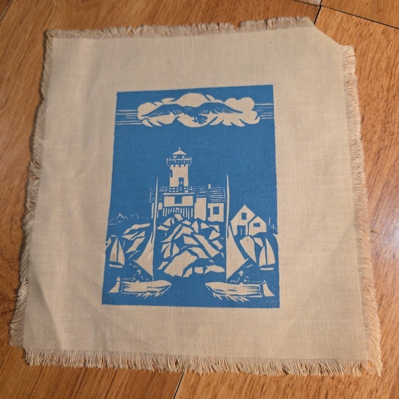 Vintage Hand Block Print on Fabric Lighthouse & Sailboats 7″ x 7″