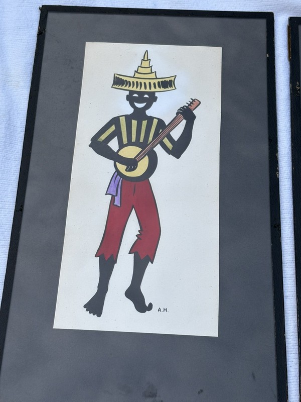 Vintage 50’s MCM Musician Trio Caribbean Folk Art Watercolor Prints Set Of 3 gallery